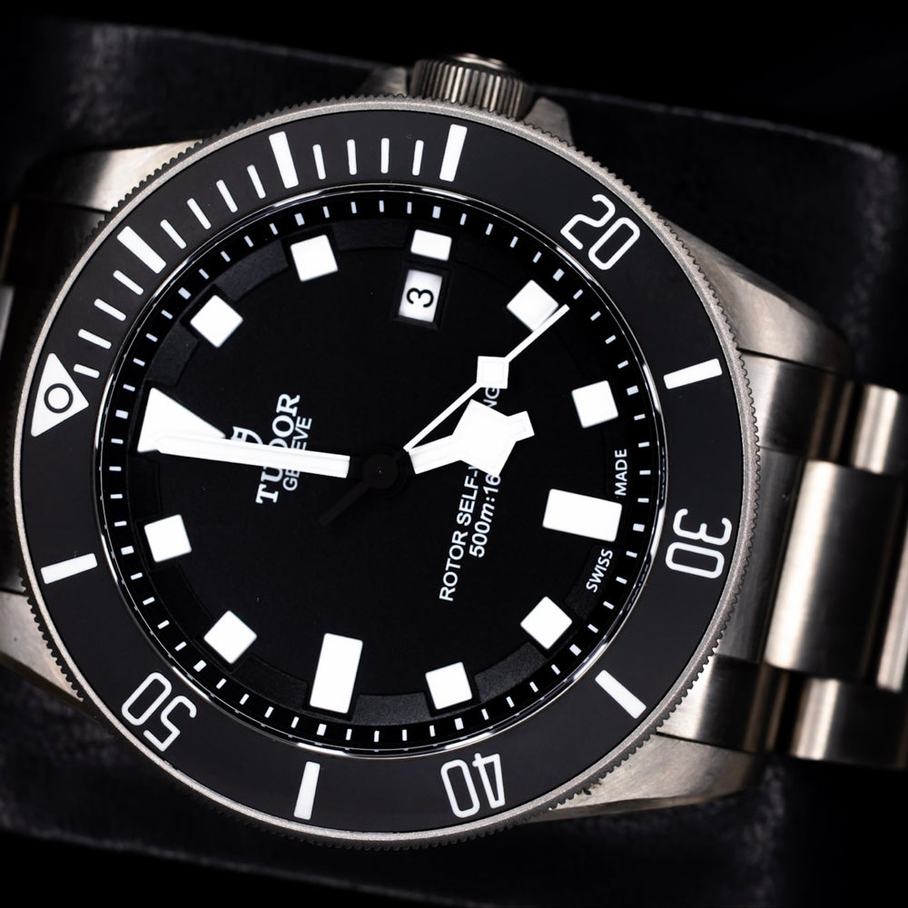 2017 Tudor Pelagos dive watch showcasing a black titanium case and matte dial with snowflake hands.