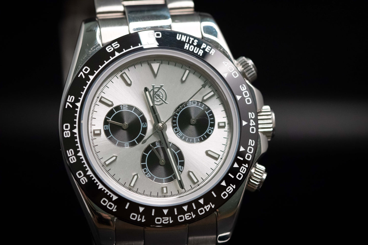 Kingdom 7750 Automatic Chronograph watch featuring silver dial and stainless steel bracelet.