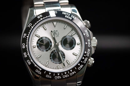 Kingdom 7750 Automatic Chronograph watch featuring silver dial and stainless steel bracelet.