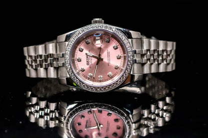 Pink Diamond Bezel Seikomod Watch with Soft Pink Dial and Diamond Markers, 40mm Luxury Timepiece