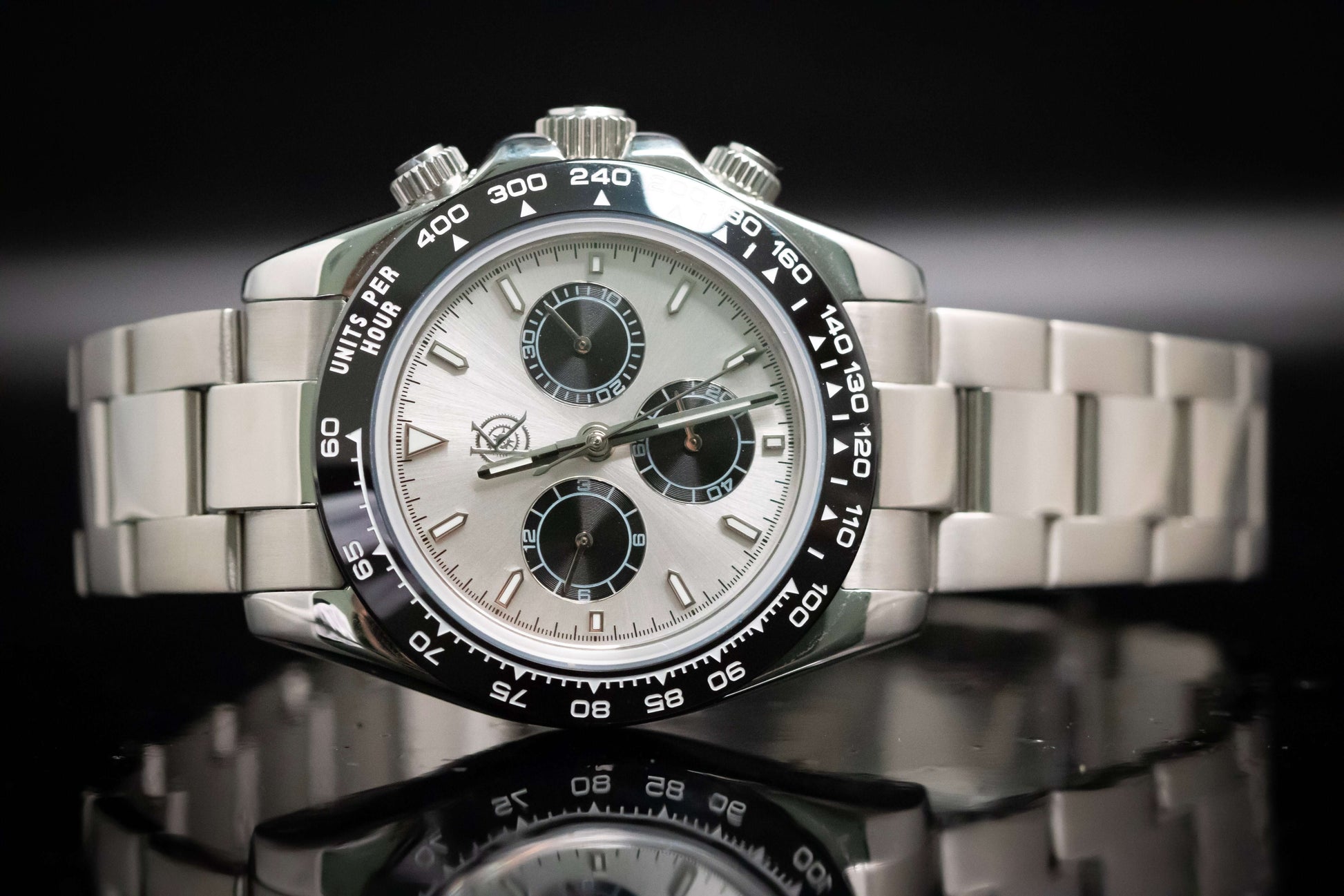 Kingdom 7750 Automatic Chronograph watch features a stainless steel case and a micro-adjustable bracelet for a custom fit.