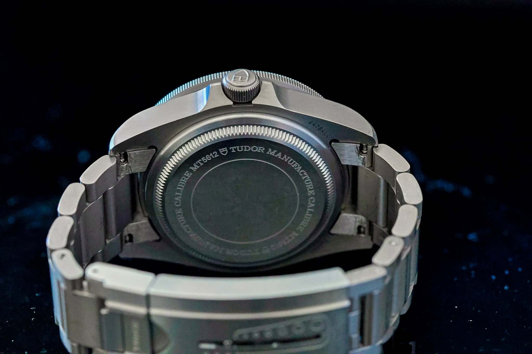 Back view of the TUDOR Pelagos Titanium Diver watch - 42mm Blue Dial Diver – Full Set showing case and bracelet.