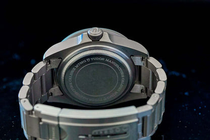 Back view of the TUDOR Pelagos Titanium Diver watch - 42mm Blue Dial Diver – Full Set showing case and bracelet.