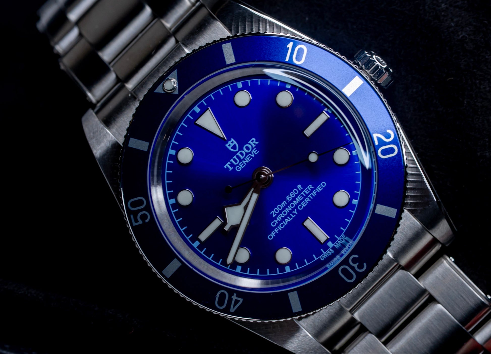 Close-up of the 2026 Tudor Black Bay watch featuring a blue dial and stainless steel bracelet.