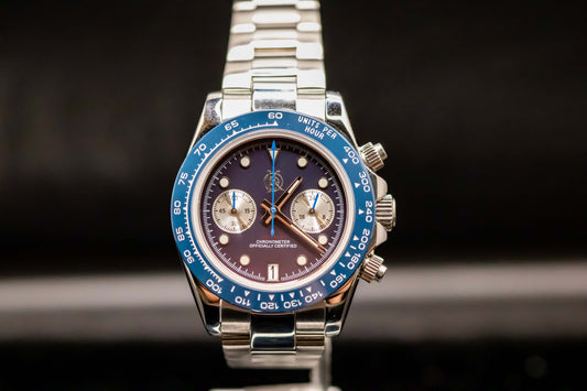 KWC Blue Big Eye Chrono watch featuring a black and blue design with chronograph functionality.