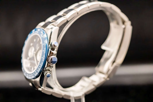 KWC Blue Big Eye Chrono watch side view showcasing sleek design and chronograph features.
