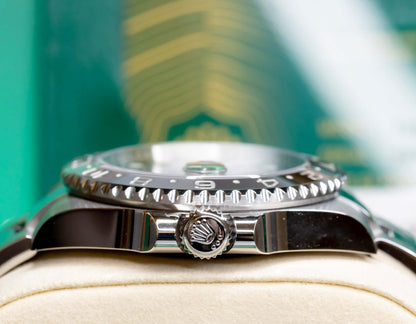 2025 Rolex GMT-Master II Bruce Wayne side view showcasing the Cerachrom bezel and Jubilee bracelet design.