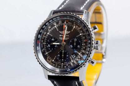 Breitling Navitimer 01 Stratus Gray limited edition, showcasing its distinct black dial and silver accents.
