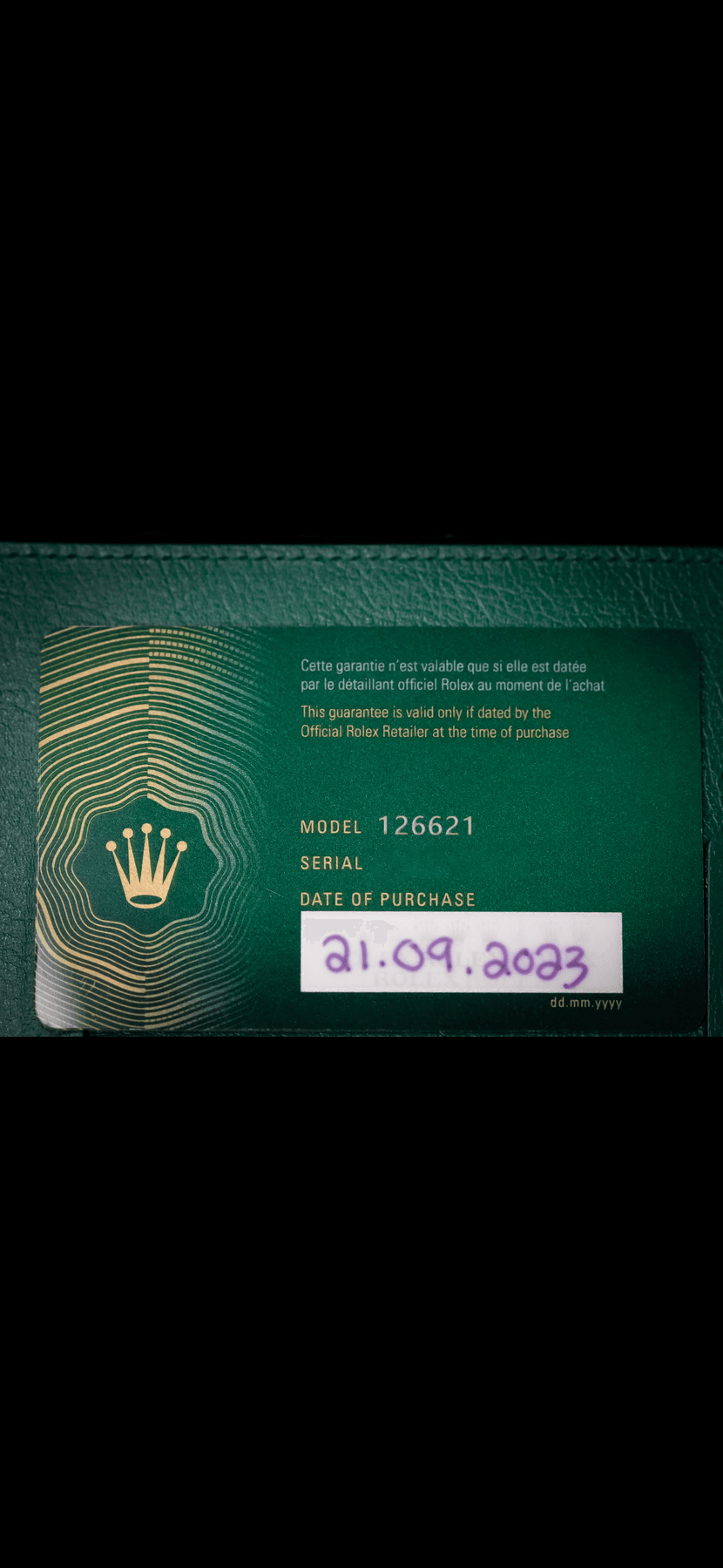 2023 Rolex Yacht-Master 40 watch warranty card showing model 126621 and date of purchase 21.09.2023.
