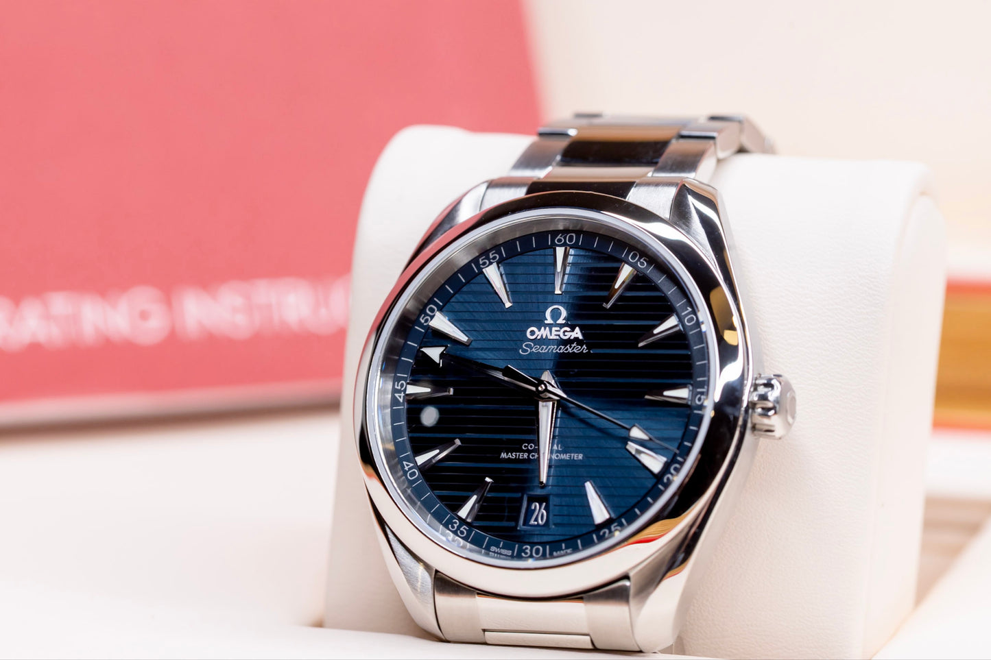 2023 Omega Seamaster Aqua Terra watch showcasing blue dial and stainless steel band, part of the Beijing 2022 Olympic Seamaster watch.