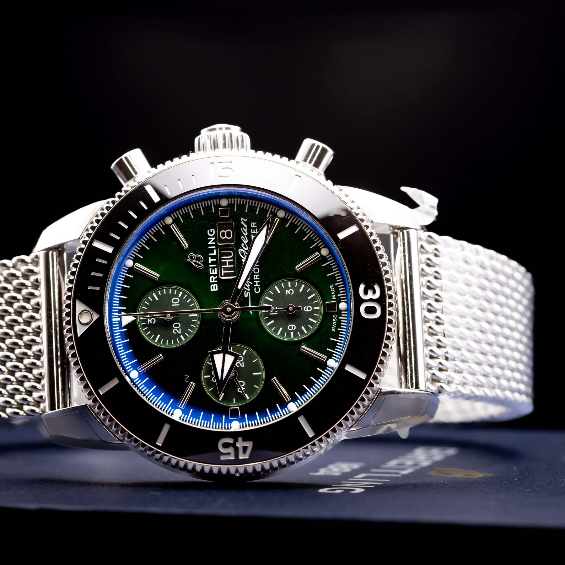 2025 BNIB - Breitling SuperOcean Chronograph Green 44mm- Breitling A13313 displayed on a stainless steel strap.