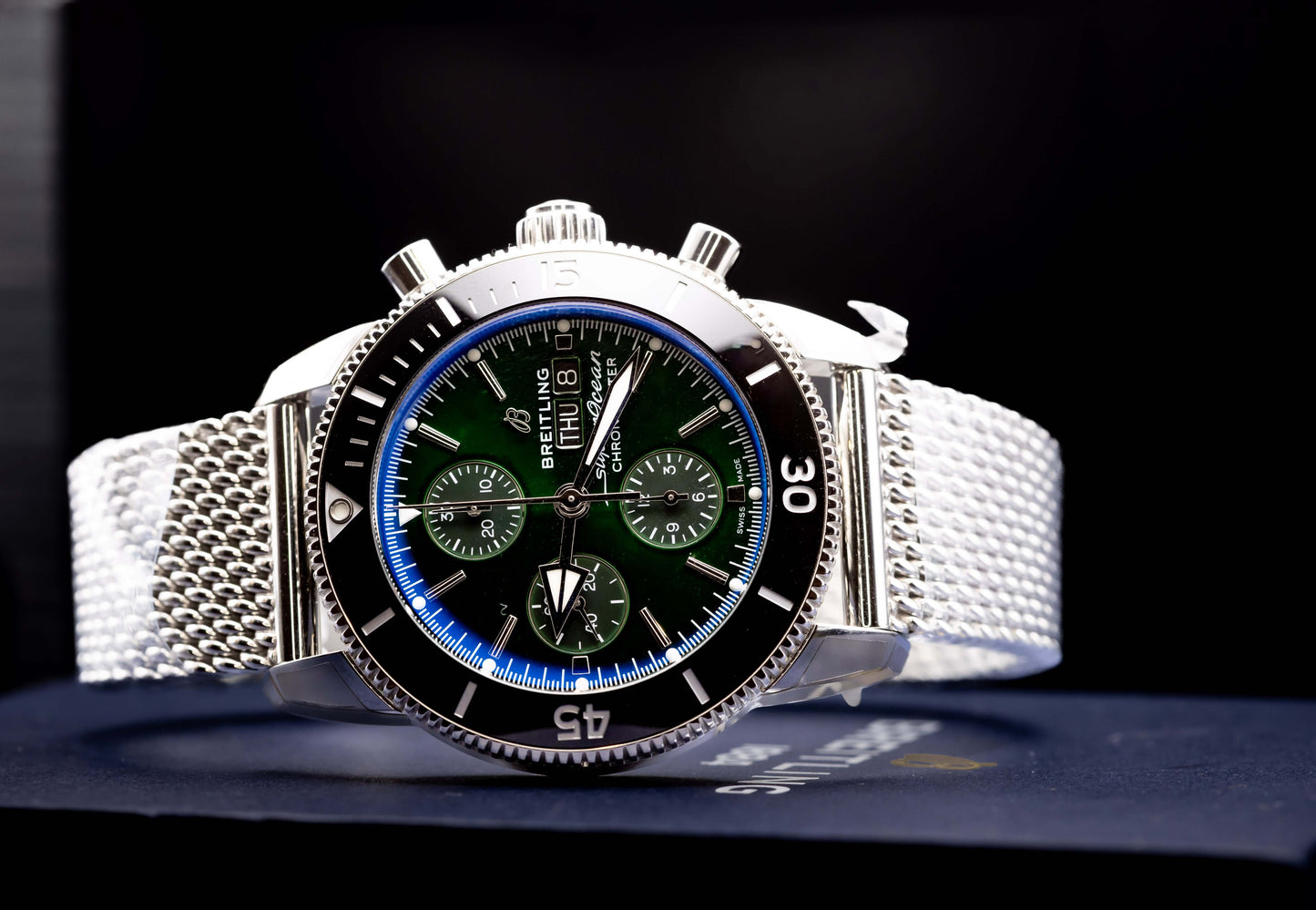 2025 BNIB - Breitling SuperOcean Chronograph Green 44mm- Breitling A13313 displayed on a stainless steel strap.
