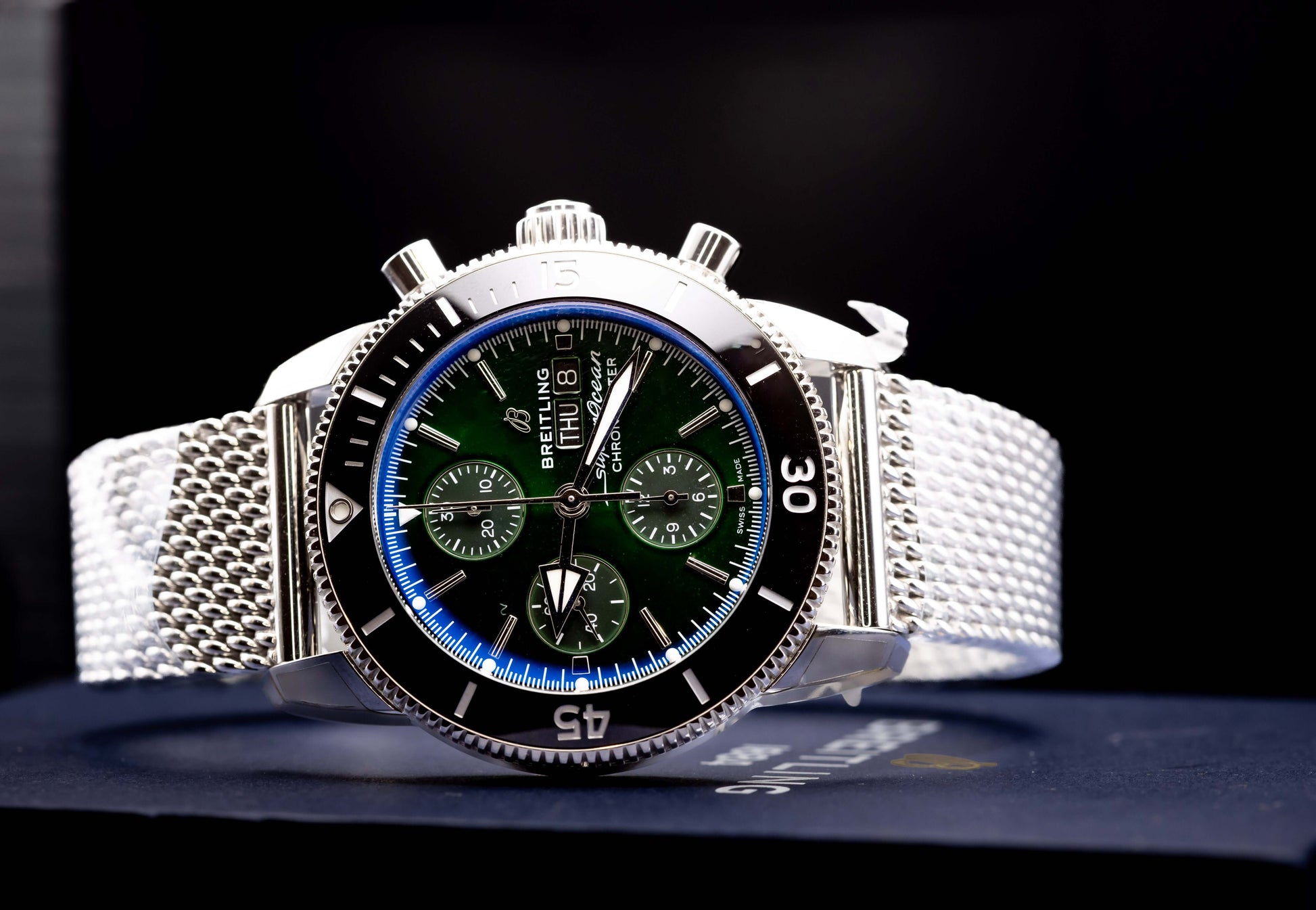 2025 BNIB - Breitling SuperOcean Chronograph Green 44mm- Breitling A13313 displayed on a stainless steel strap.