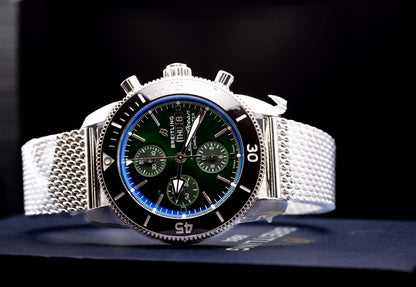 2025 BNIB - Breitling SuperOcean Chronograph Green 44mm- Breitling A13313 displayed on a stainless steel strap.