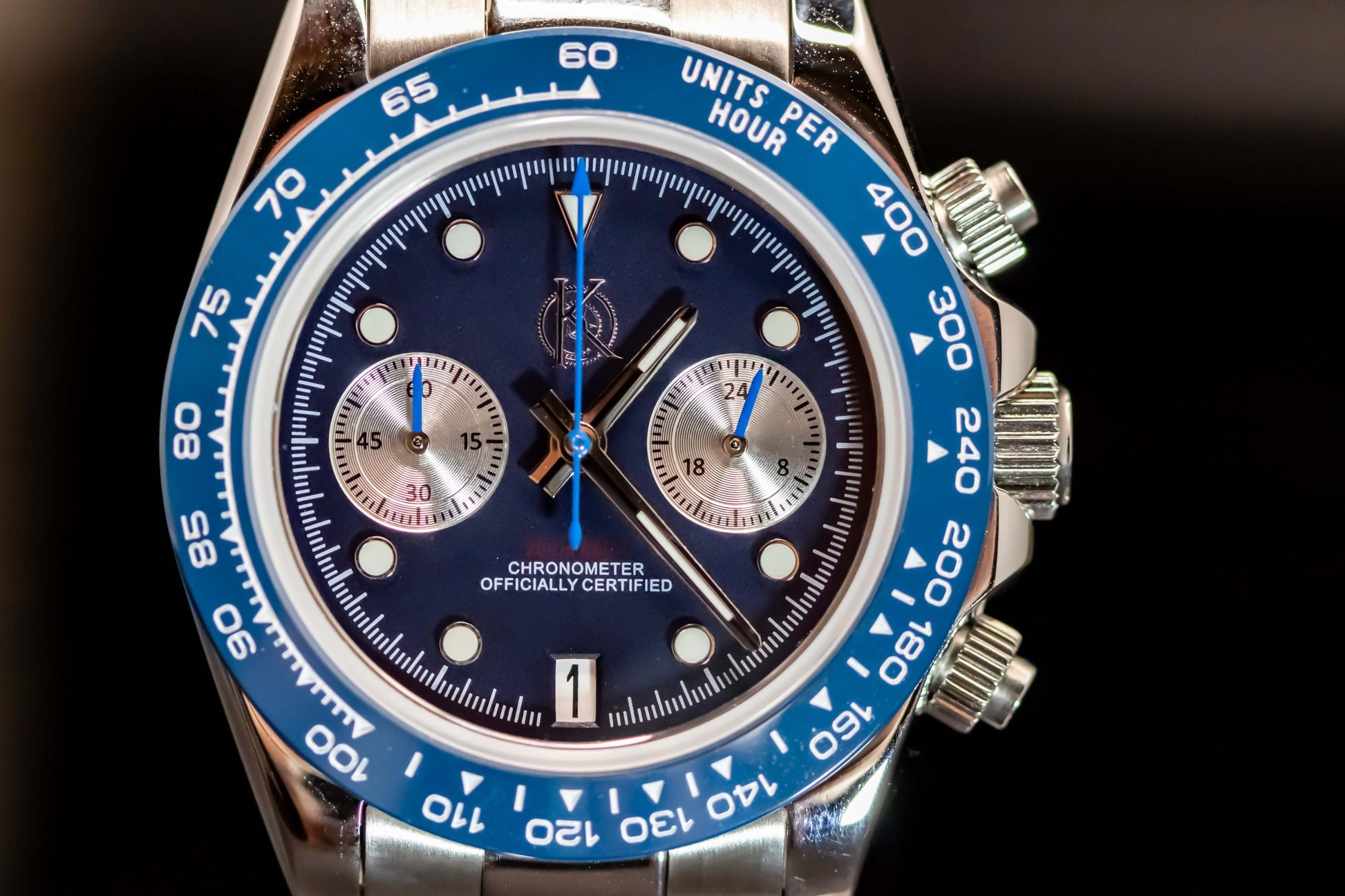 KWC Big Eye Chrono watch with blue bezel and chronograph features, showcasing elegance and sporty design.