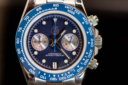 KWC Big Eye Chrono watch with blue bezel and chronograph features, showcasing elegance and sporty design.