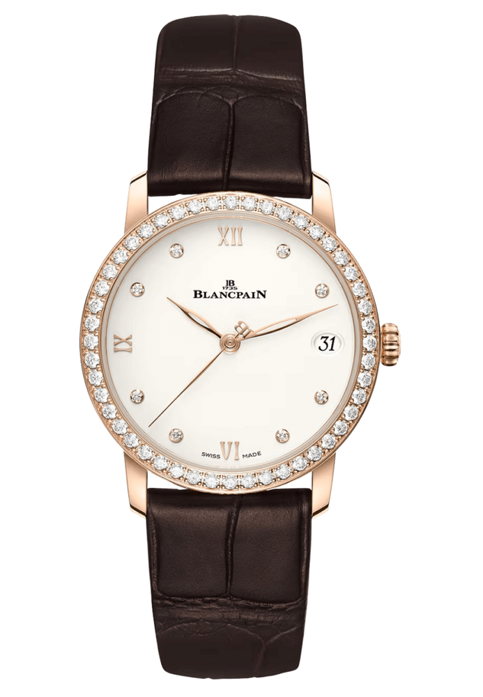 Blancpain Villeret Women Date Red Gold Diamond Ultra-Slim Alligator Ladies Watch - 6127 2987 55B