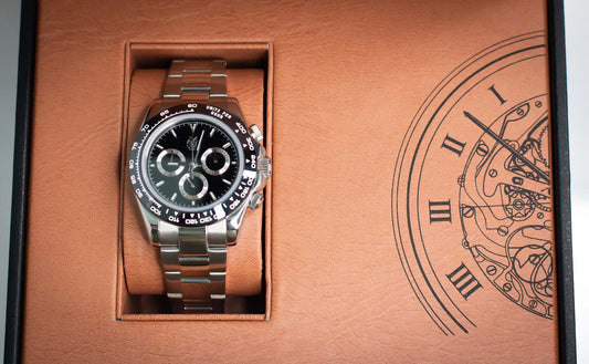 Kingdom 7750 Automatic Chronograph showcasing a black dial in a premium presentation box with a stylish leather interior.