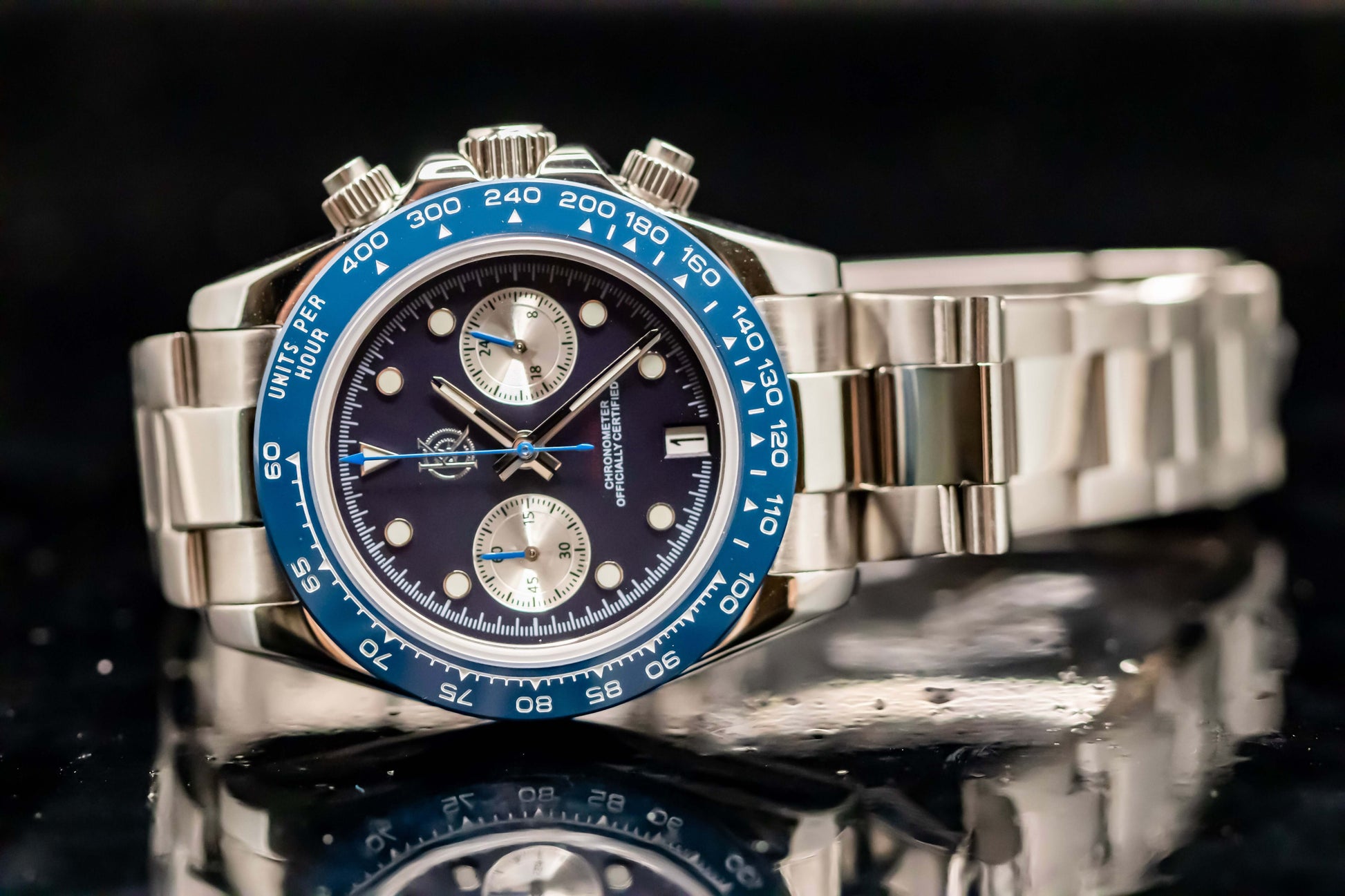KWC Blue Big Eye Chrono watch with blue bezel and white chronograph dials on a stainless steel bracelet.