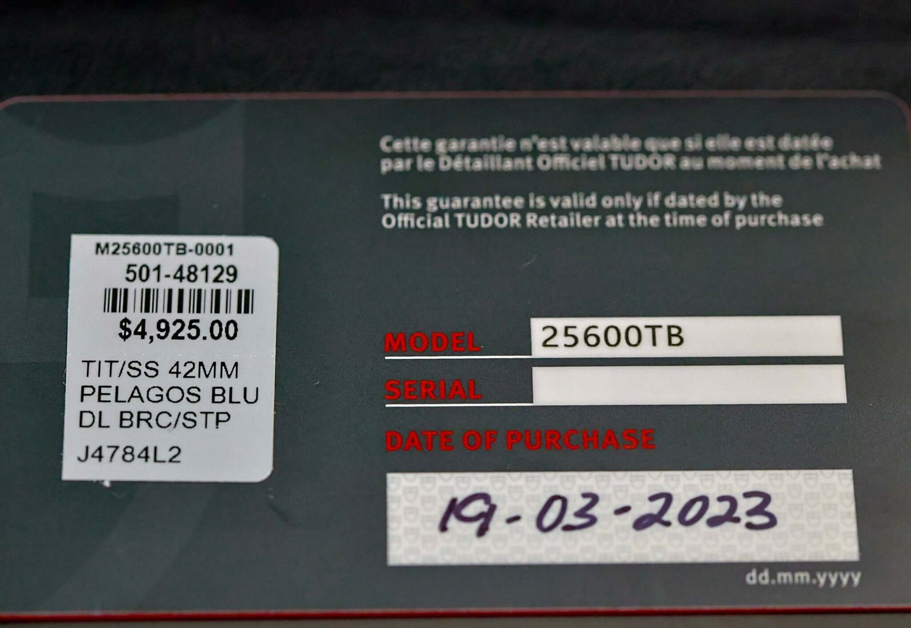 TUDOR Pelagos Titanium Diver watch - 42mm Blue Dial Diver – Full Set warranty card showing model 25600TB and purchase details.