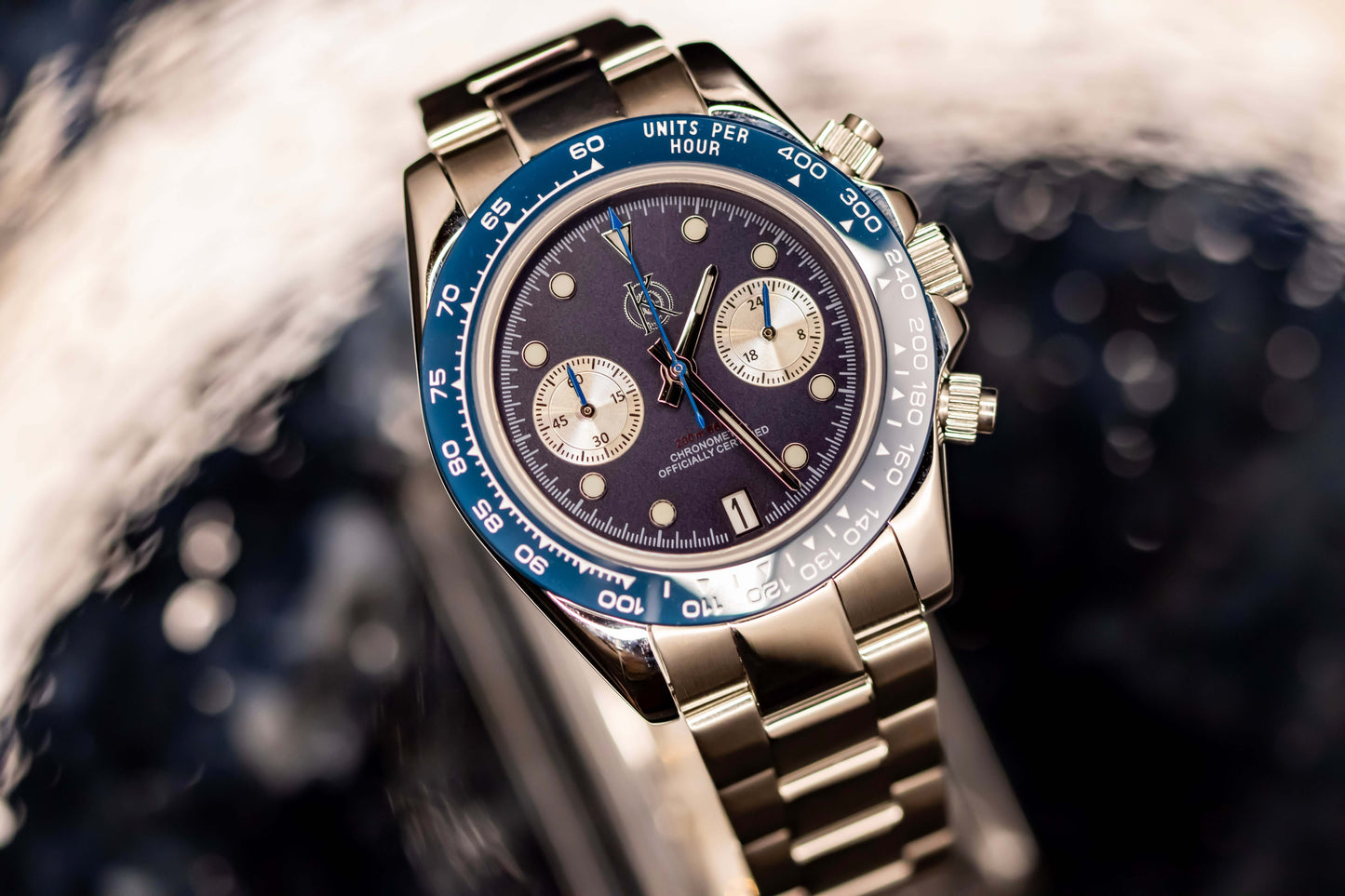 KWC Blue Big Eye Chrono watch featuring a sleek design, blue bezel, and chronograph functionality.