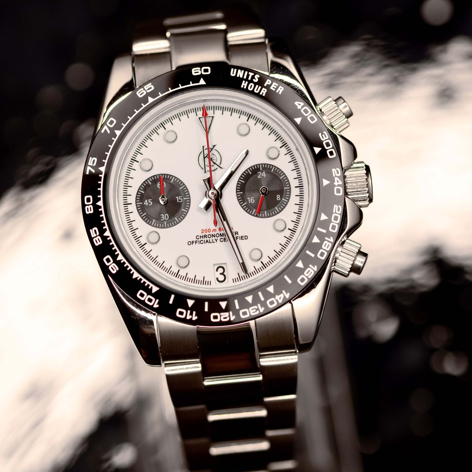 KWC Big Eye Chrono watch featuring a bold black bezel and sleek white dial, perfect for sporty and elegant occasions.
