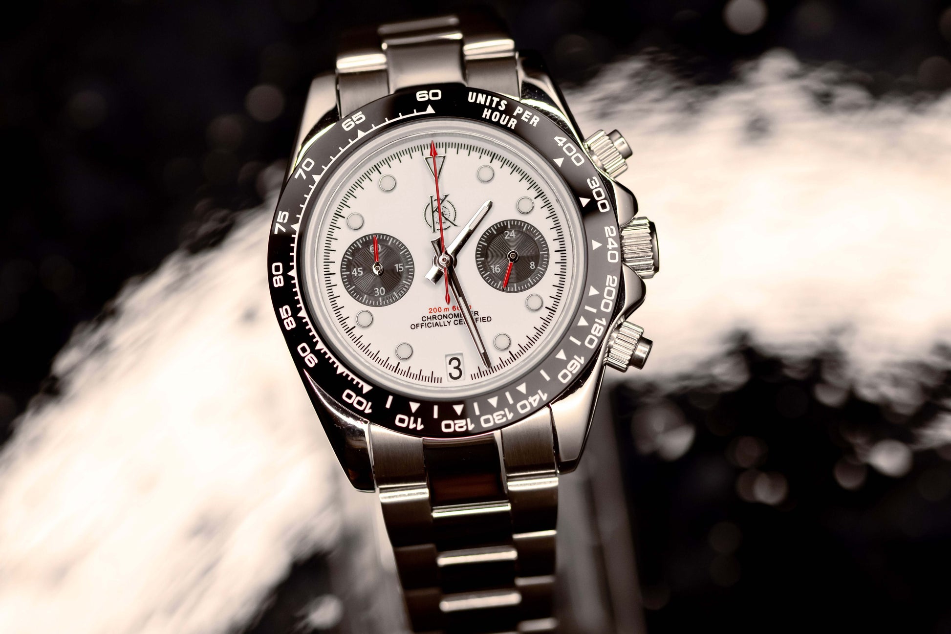 KWC Big Eye Chrono watch featuring a bold black bezel and sleek white dial, perfect for sporty and elegant occasions.