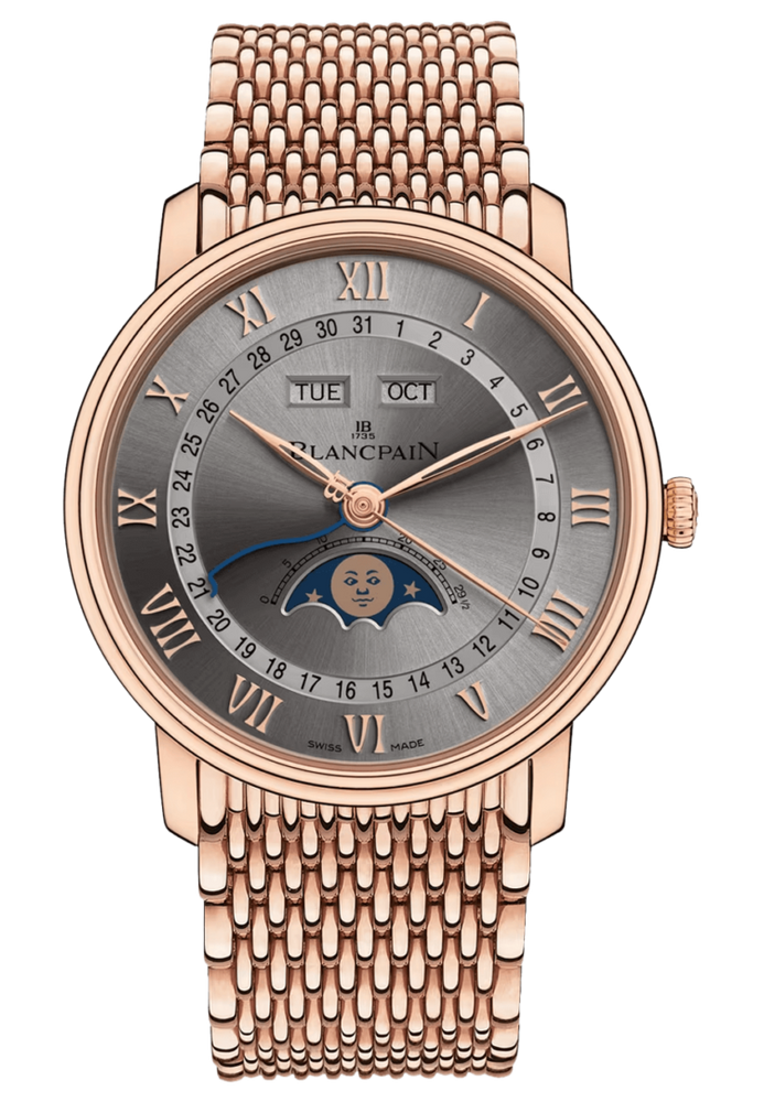 Blancpain Villeret Quantieme Complet Grey Red Gold Mille Mailles Men's Watch - 6654 3613 MMB