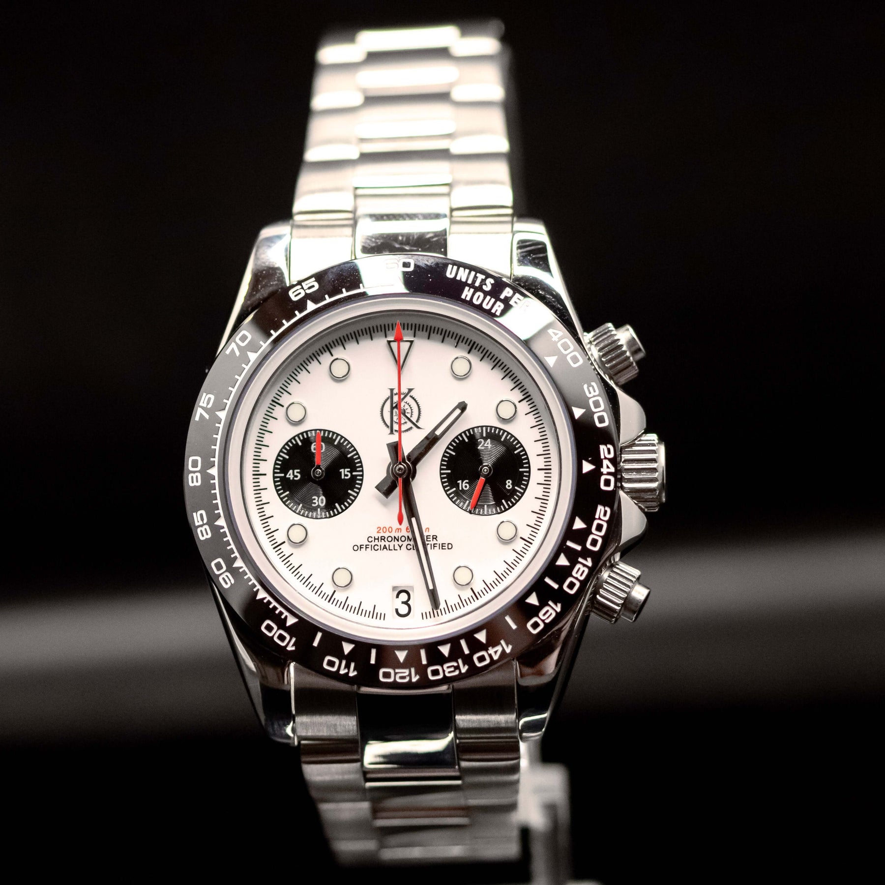 KWC Big Eye Chrono watch featuring a sleek black bezel and white dial with chronograph capabilities.