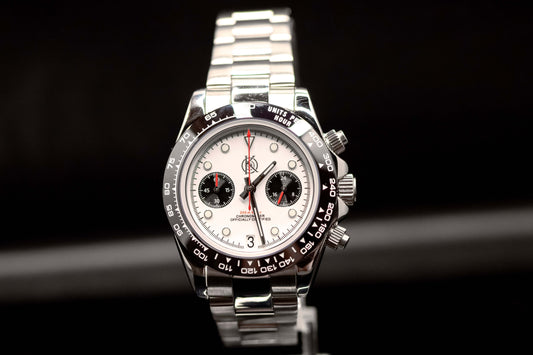 KWC Big Eye Chrono watch featuring a sleek black bezel and white dial with chronograph capabilities.
