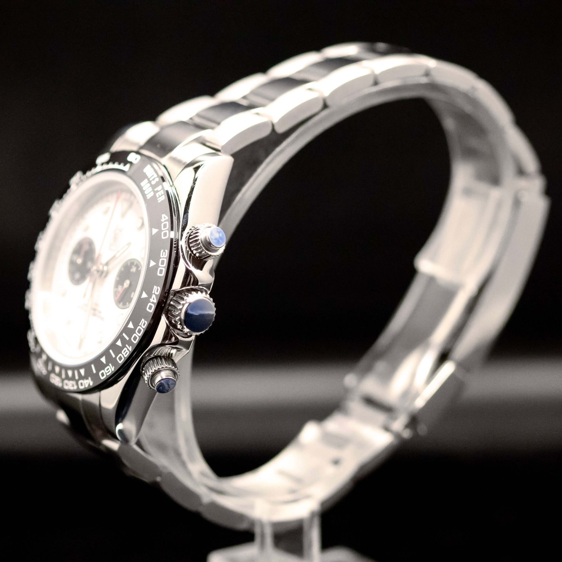 KWC Big Eye Chrono watch side view showcasing sleek design and chronograph features.