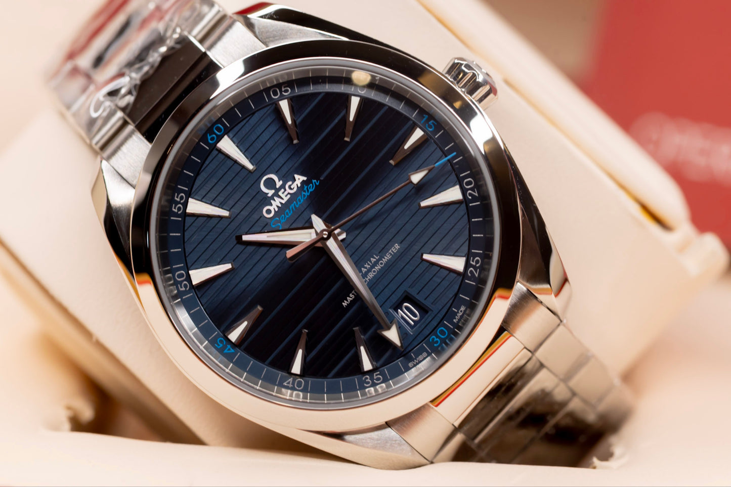 Omega Seamaster Aqua Terra 41mm watch with blue dial and stainless steel case, showcasing luxury and precision.