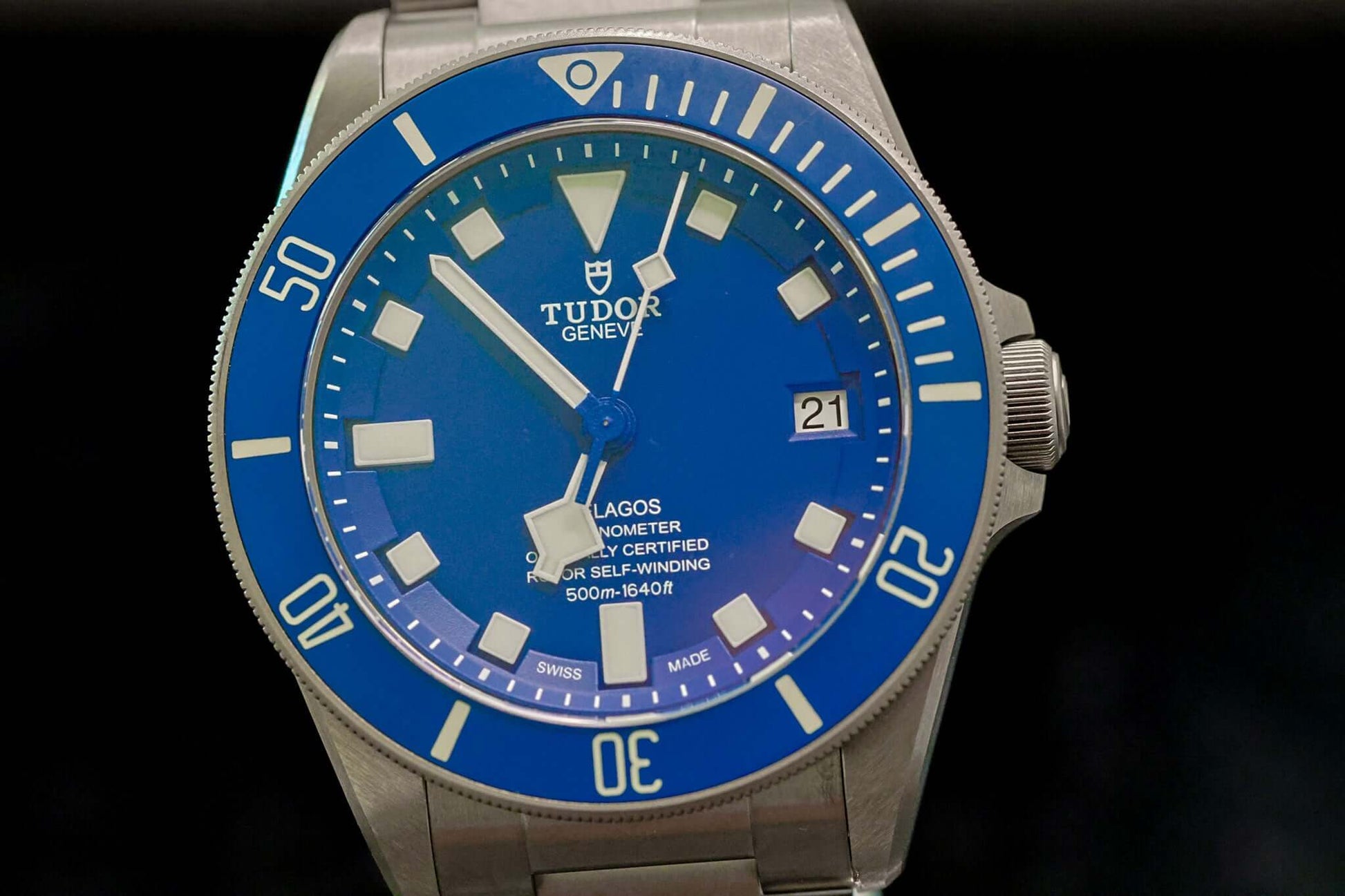 TUDOR Pelagos Titanium Diver watch - 42mm Blue Dial Diver – Full Set displayed on a black background.