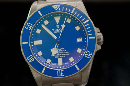 TUDOR Pelagos Titanium Diver watch - 42mm Blue Dial Diver – Full Set displayed on a black background.