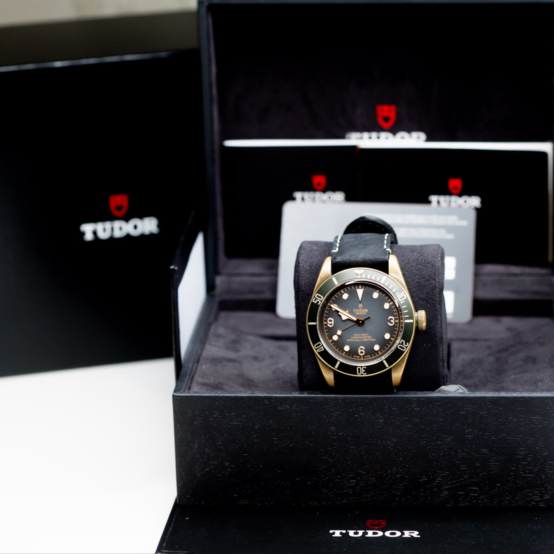 2022 Tudor Black Bay Bronze watch in original box with papers, showcasing the unique aluminium bronze alloy case.