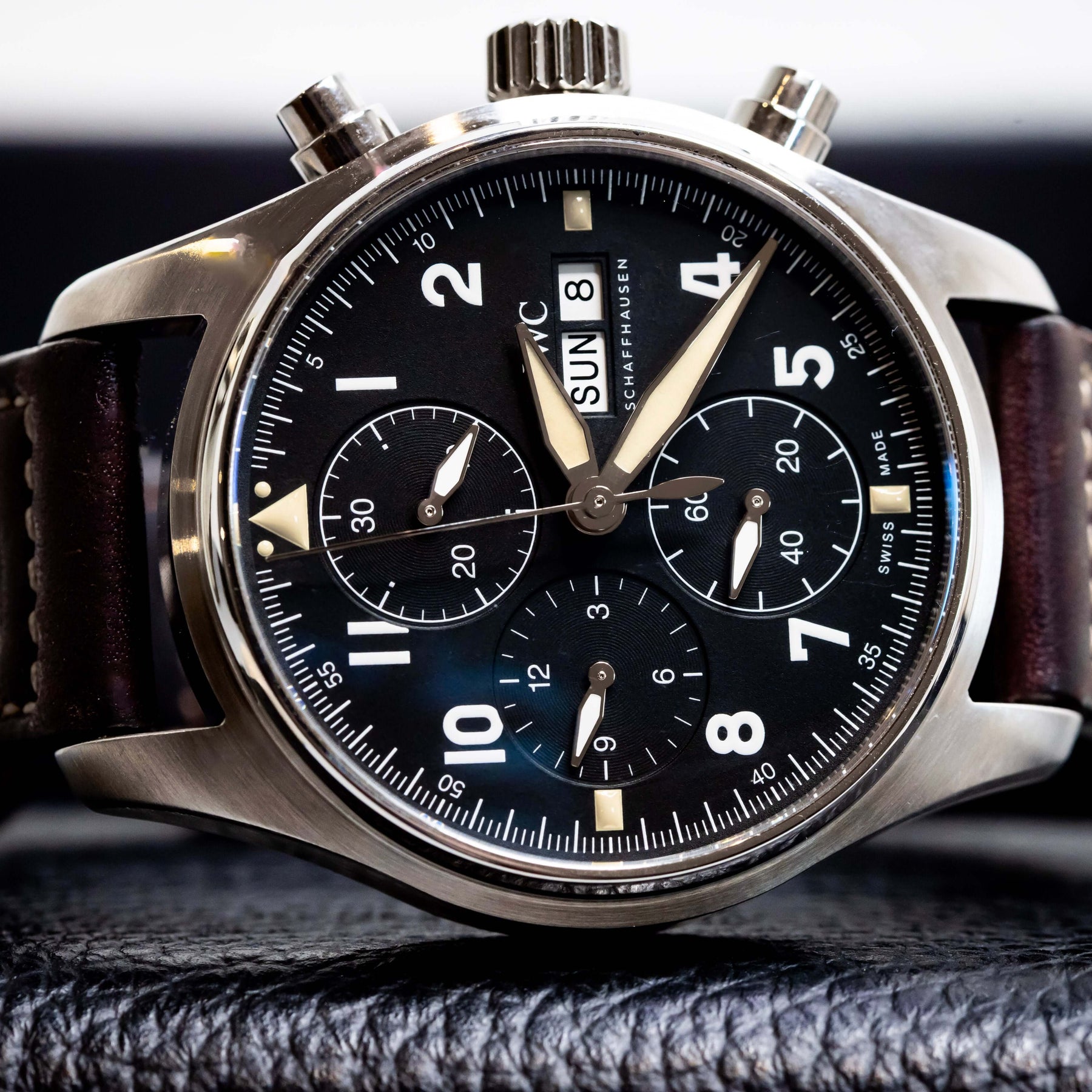 2022 IWC Pilot’s Watch Chronograph Spitfire 41mm  Ref. IW387903 | Full Set close-up image of black dial and stainless steel case.