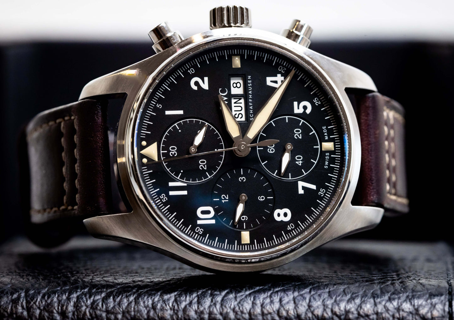 2022 IWC Pilot’s Watch Chronograph Spitfire 41mm  Ref. IW387903 | Full Set close-up image of black dial and stainless steel case.
