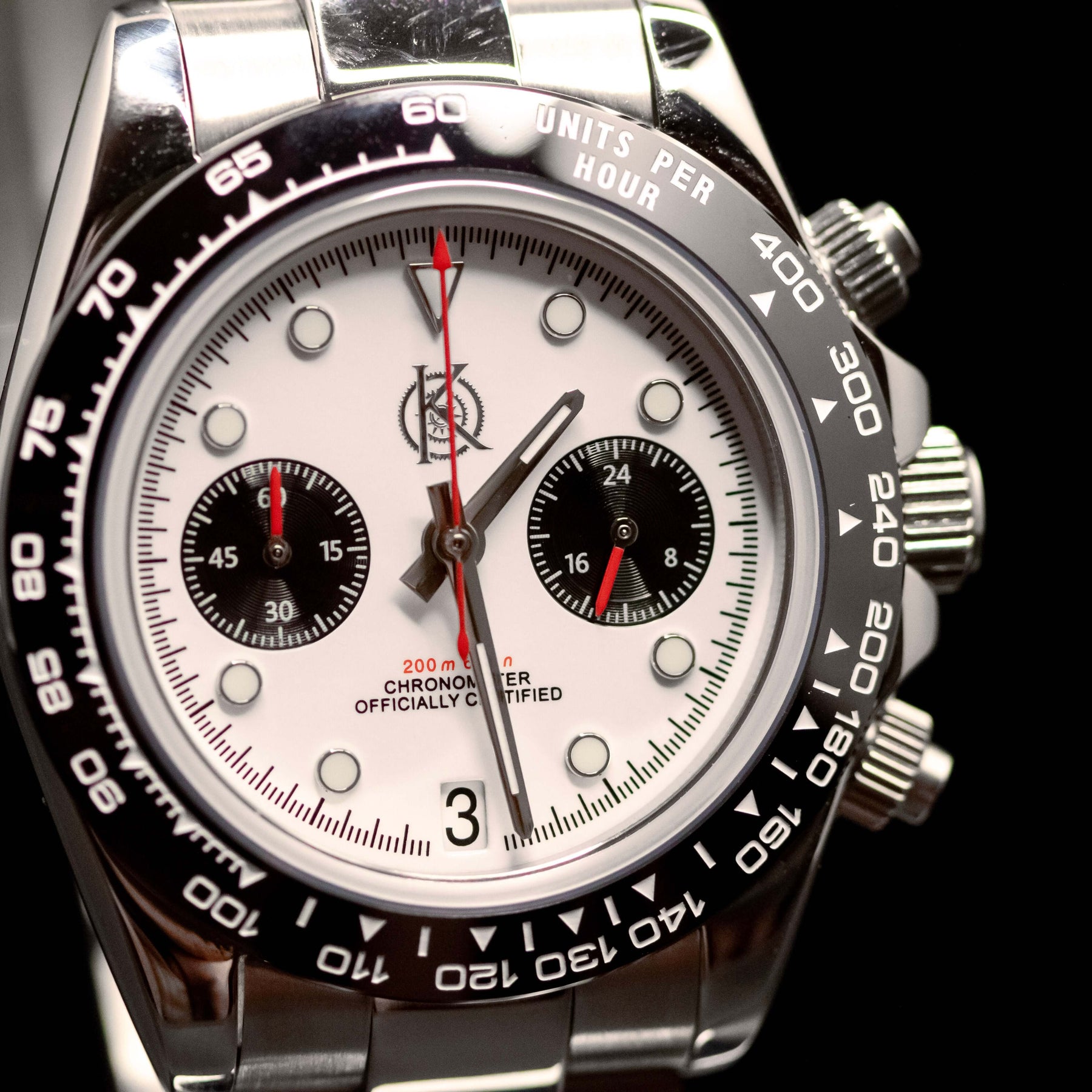 KWC Big Eye Chrono watch featuring a white dial, black bezel, and chronograph functionality for sporty elegance.