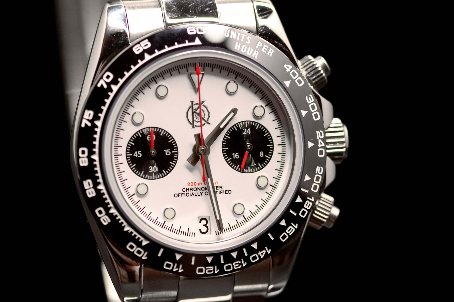 KWC Big Eye Chrono watch featuring a white dial, black bezel, and chronograph functionality for sporty elegance.