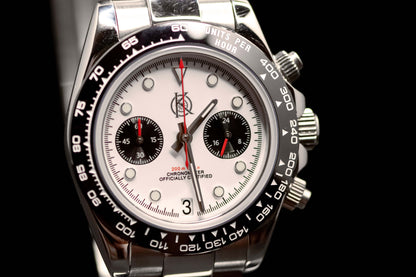 KWC Big Eye Chrono watch featuring a white dial, black bezel, and chronograph functionality for sporty elegance.