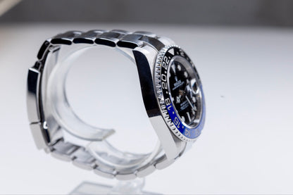 2021 Rolex GMT-Master II Batman watch showcasing the blue-and-black Cerachrom bezel and stainless steel bracelet.
