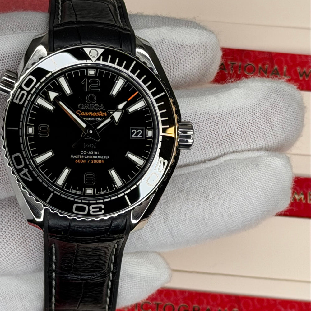 2023 Omega Seamaster Planet Ocean full set showcasing the watch's sleek design and black leather strap.