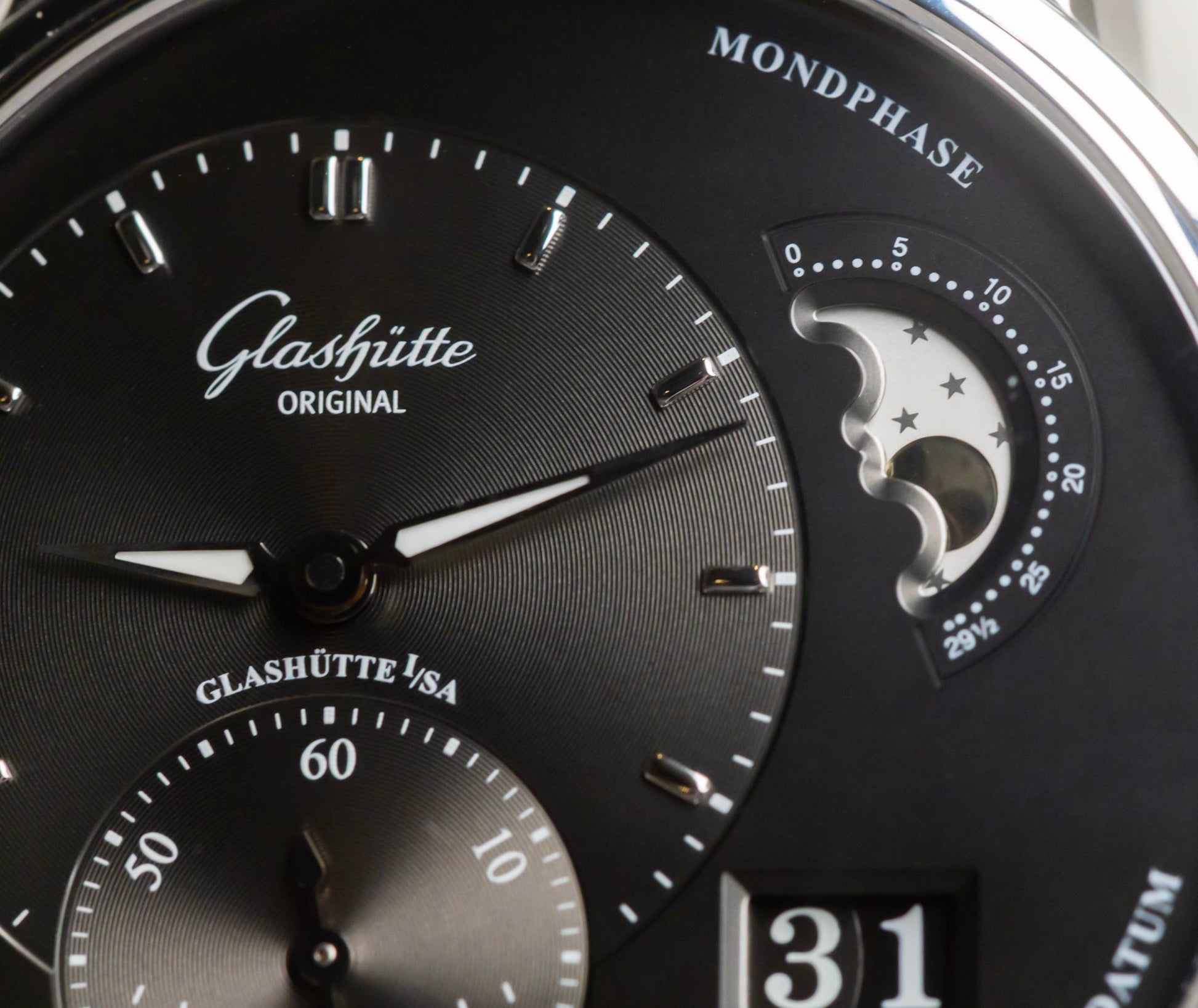 Close-up of the Glashütte Original PanoMaticLunar watch dial showcasing the moonphase complication.