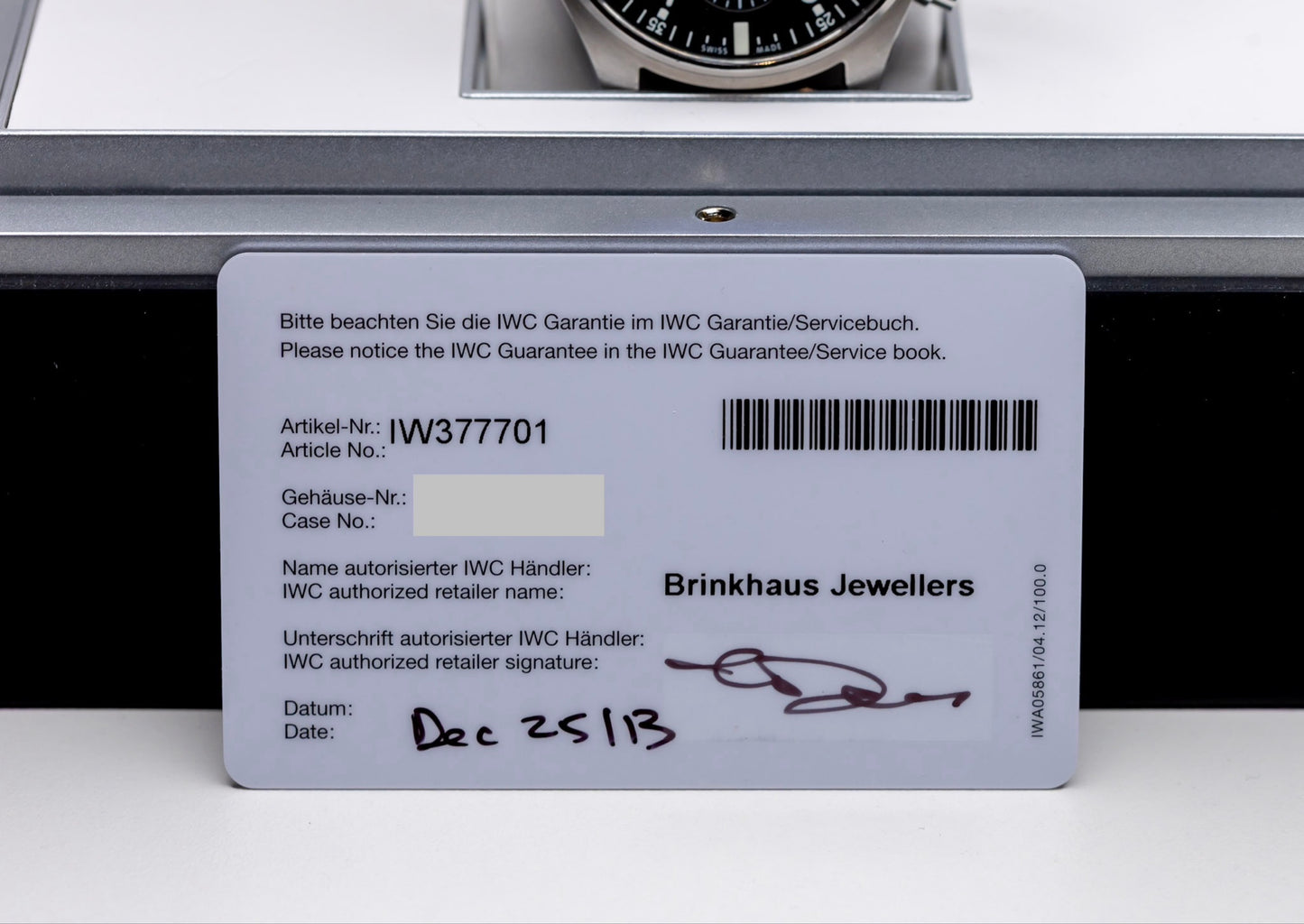 IWC Pilots Watch Chronograph original guarantee card from Brinkhaus Jewellers with date December 25, 2013.