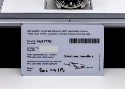 IWC Pilots Watch Chronograph original guarantee card from Brinkhaus Jewellers with date December 25, 2013.