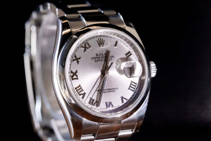 Rolex Datejust 36 full set with silver dial and Roman numerals, reference 116200, in Oystersteel case.
