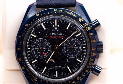 Close-up view of the Omega Speedmaster Blue Side of the Moon watch with a starry aventurine dial.
