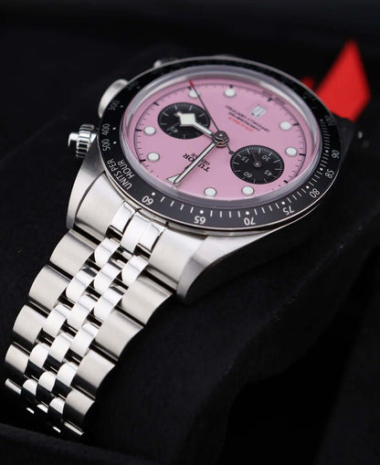 Tudor Black Bay Chrono Pink 79360N watch with pink dial and stainless steel bracelet, brand new in box.