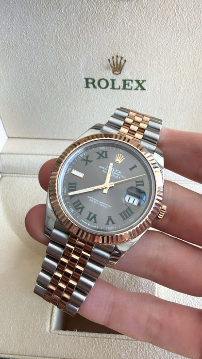 Rolex Datejust 41 Wimbledon 126333 with slate gray dial and green Roman numerals, displayed in a Rolex box.