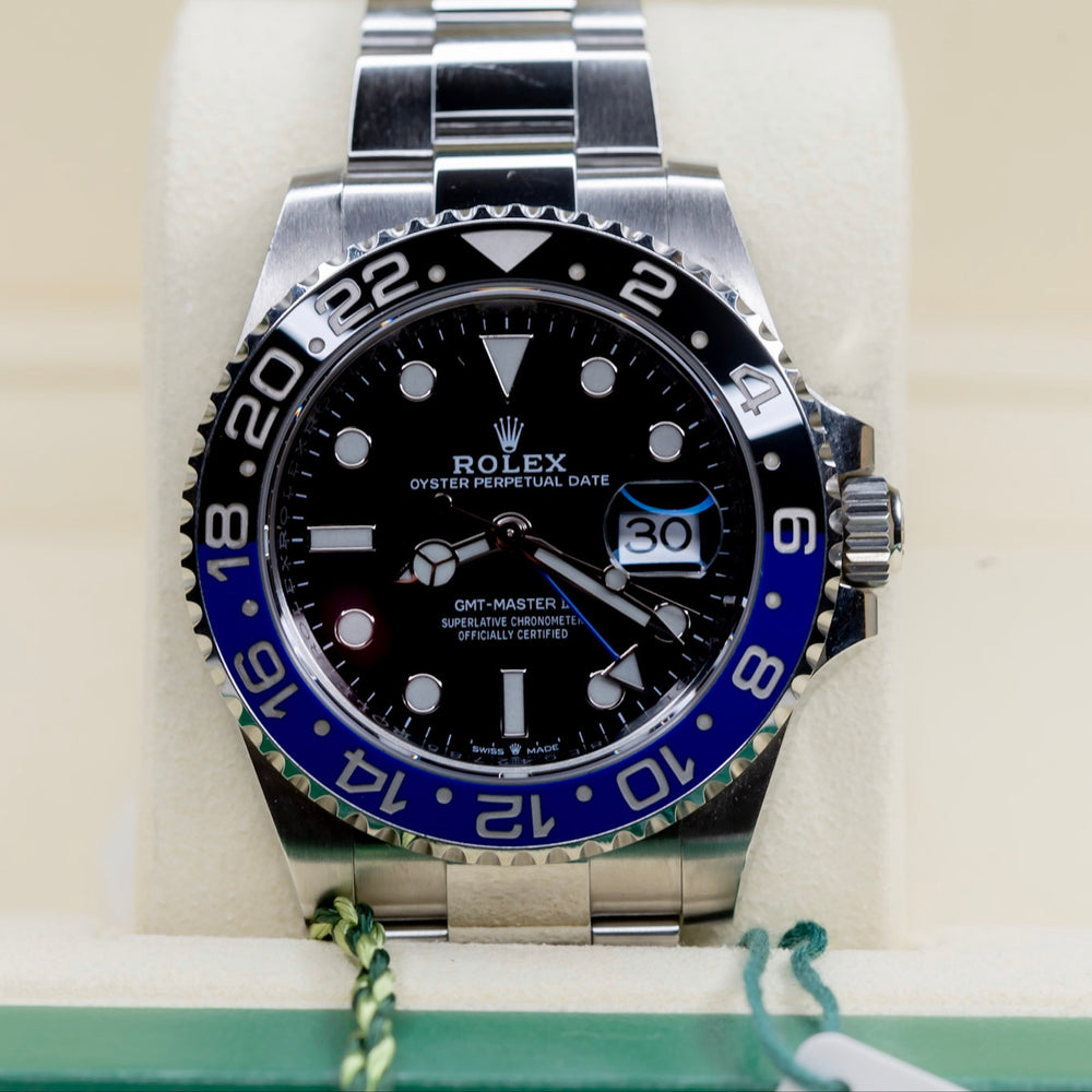 2021 Rolex GMT-Master II Batman on display with blue and black bezel, showcasing its luxury design and craftsmanship.